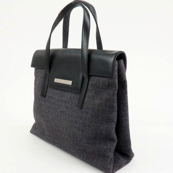 💎✨Authentic✨💎BVLGARI Logo Mania Canvas Leather Tote Bag Hand Bag Black - Picture 4 of 15